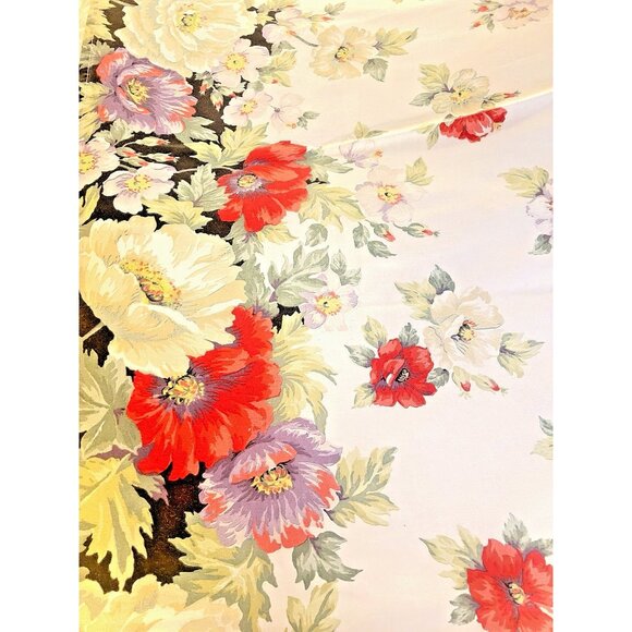 VTG Queen Size Flat Sheet Linen Cotton Black Red Lavender Floral Cottage French - Picture 6 of 11
